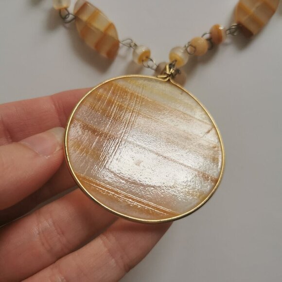 Vintage Sun Pendant Golden Orange Carved Necklace Etched Aztec Sundial Beaded - Picture 3 of 11